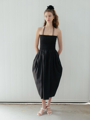 Smoke Shirring Ballon Dress_Black