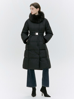 SQUARE QUILTING FOX FUR LONG COAT [BEIGE][BLACK]