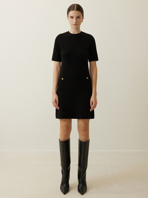 Pocket Half Sleeve Mini Dress Black
