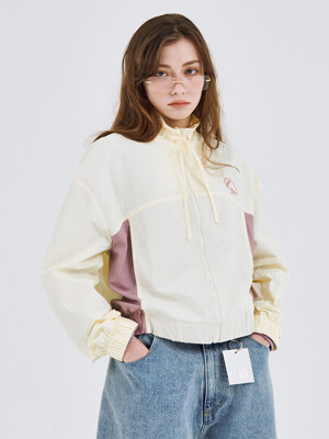 Color block string two-way embroidered track zip-up jacket [cream]