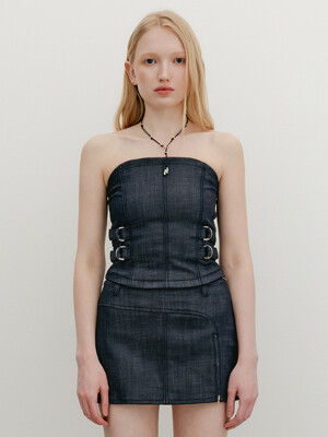 BELTED DENIM TUBE TOP - RAW INDIGO