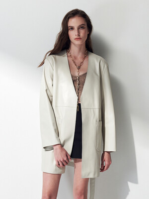 X MARDI MECREDI V-NECK LAMBSKIN LEATHER JACKET. IVORY