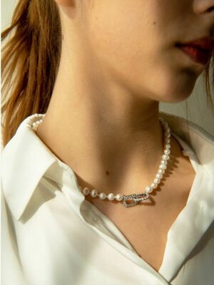 Commitment Pave Pearl Silver Necklace