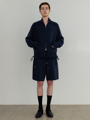 Tube cotton drawstring hem zip-up jacket_Deep sea