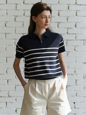 Collar zip-up cotton kint (Navy)