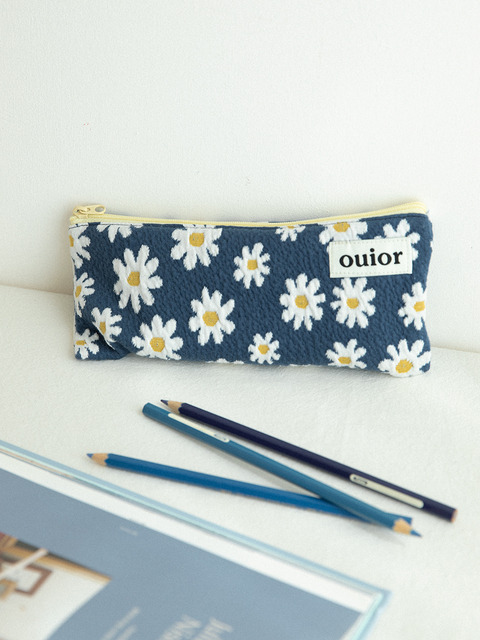 문구 - 위올 (ouior) - ouior flat pencil case - marguerite navy (topside zipper)