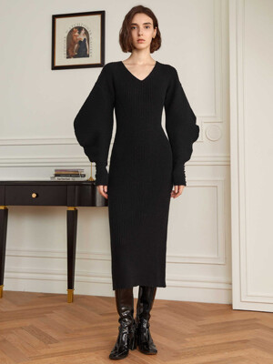 YY_Lantern sleeve slim knit dress