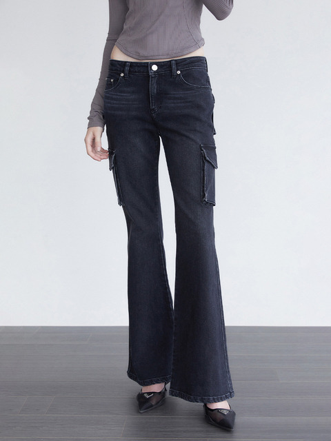 데님 - 홀페이퍼 (whole paper) - Flare cargo denim pants - black