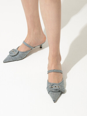 FORNAX BELTED MULES in LAYERED DENIM FABRIC