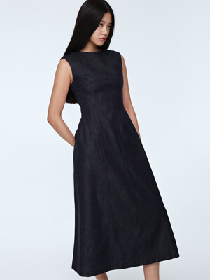 Silk Denim Sleeveless Dress _ Navy