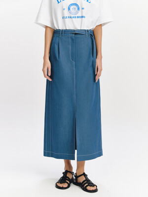 One Tuck Slit Belted Skirt BLUE