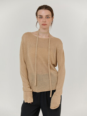 Seethrough linen exotic knit pullover (Beige)