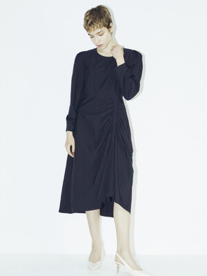 Long Sleeve Shirring Midi Dress - Black
