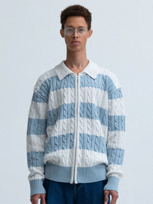 cashmere stripe cable zip-up (ivory/sky)