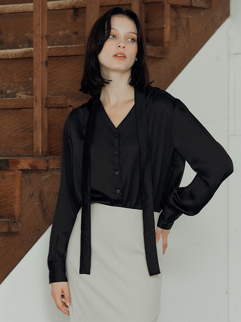 블라우스 - 드헤베 (DEHEVE) - Camila Tie Silky Blouse [Black]