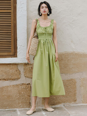 LS_Green shirring sleeveless long dress