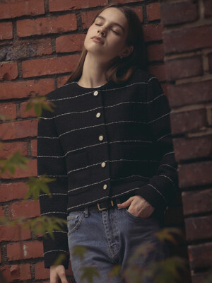 Collarless moa tweed jacket_Black