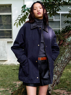 Leather Collar Midi Padding Jacket  Navy (KE4938M03R)