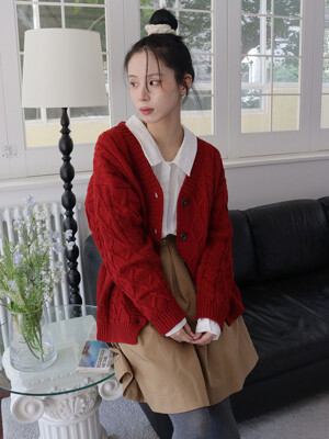 KITTEN CABLE CARDIGAN_3COLORS_RED