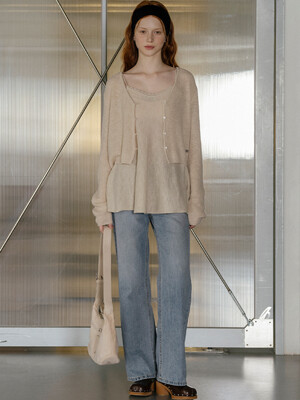 Romantic hachi knit sleeveless cardigan set_Oatmeal