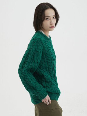 [UNISEX] Lettering Cable Knit Sweater Green