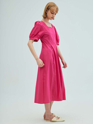 Square-neck puff sleeve flare dress_pink