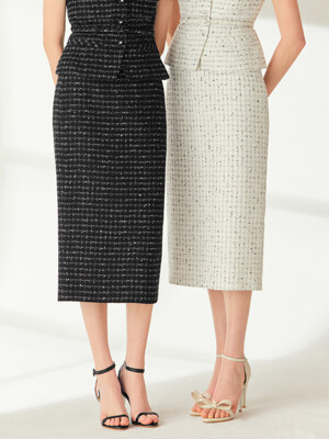 MIRANDA H-line tweed long skirt (Ivory/Black)