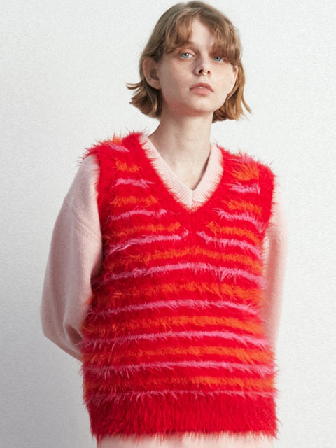 니트 - 문선 (MOONSUN) - Danke Hairy Stripe Knit Vest / Poping Red