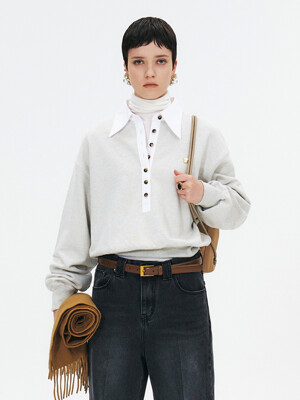 SWEATSHIRT WITH CURVED SHIRT COLLAR - MELANGE OATMEAL