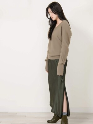 unblance satin long skirt green