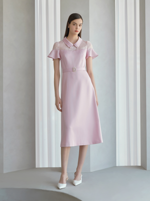 GRETA / see-through Belted Flare Dress(pink)