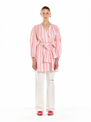 UKIAH Shirred Wrap Dress - Pink Stripe
