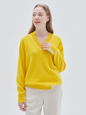 [M23WPU013] V-neck Color point pullover (Yellow)