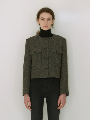 Wool tweed round pocket jacket (BROWN)