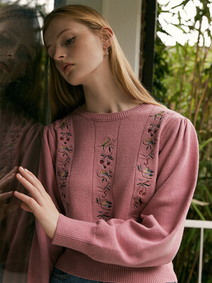 Parrot Embroider Wool Knit_Pink