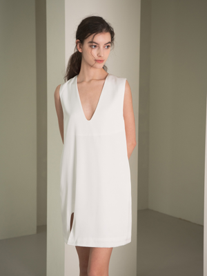 YY_V-neck sleeveless dress_WHITE