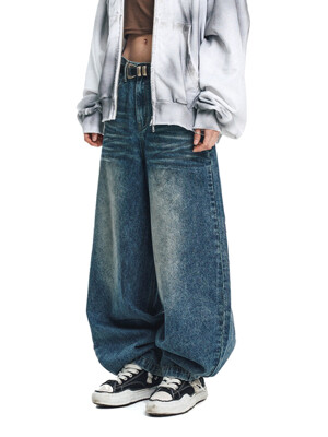 Oil washed baggy wide denim pants - deep blue