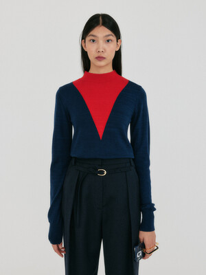 ZOE V-Point Mockneck Knit Pullover - Navy/Red