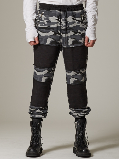 DOUBLE ZIP RAW EDGE PANEL PANTS GRAY CAMO