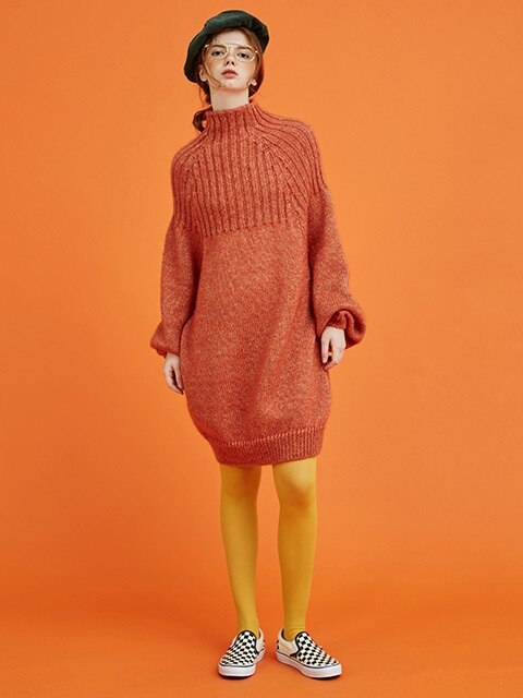 puff sleeve long knit dress (orange)