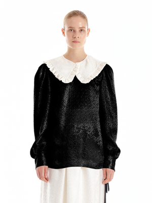 URINCE Frilled Collar Silk Blouse - Black/Ivory