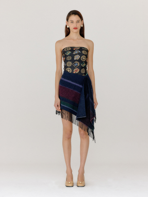 VIVALDI Fringed Hem Mini Skirt - Navy/Burgundy Multi