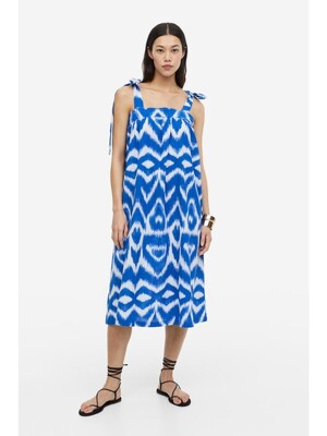 타이 스트랩 코튼 드레스 브라이트 블루/패턴 1173401001
