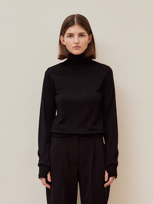 [FW23] COVER STITCH WOOL JERSEY MOCK NECK TOP (BLACK)