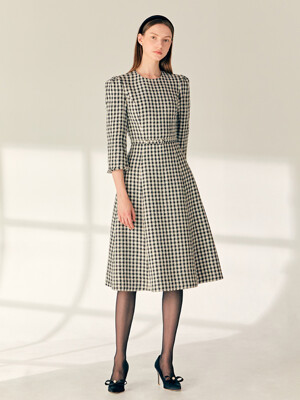 EMBETH Cape sleeve gingham check wool long dress (Gray)