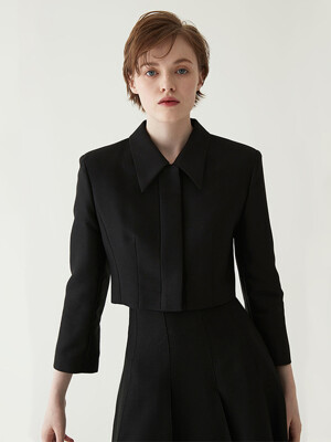 Cropped Silk Wool Tailored Jacket- Black