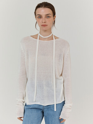 Seethrough linen exotic knit pullover (Ivory)