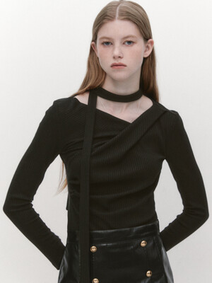 Unbalance Draped Wrap T-blouse BLACK