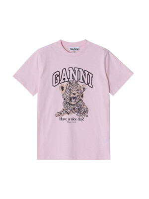 GANNI T4161 868 레오파드 로고 프린트 여성 반팔티