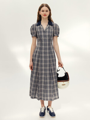 잭슨빌 노치드 카라 체크 롱 원피스 (Navy check)